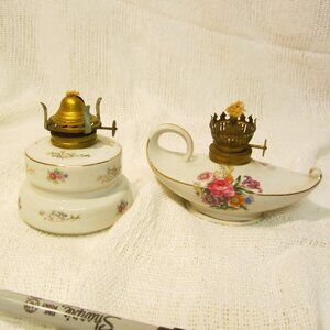 VTG 50'S MINIATURE SET OF PORCELAIN HURRICANE LAMPS W/FLORAL MOTIF
